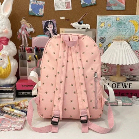 Korean Bow Chic Flower Print Backpack High-capacity Sweet Kawaii Schoolbags Casual Preppy Y2k Students Backpacks
