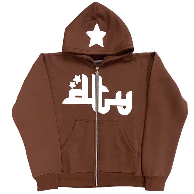 Voguable Star Letter Print Hoodie Zip Up Long Sleeve Oversized Jacket Coat Harajuku Gothic Hooded Sweatshirt Y2K Teen Clothes