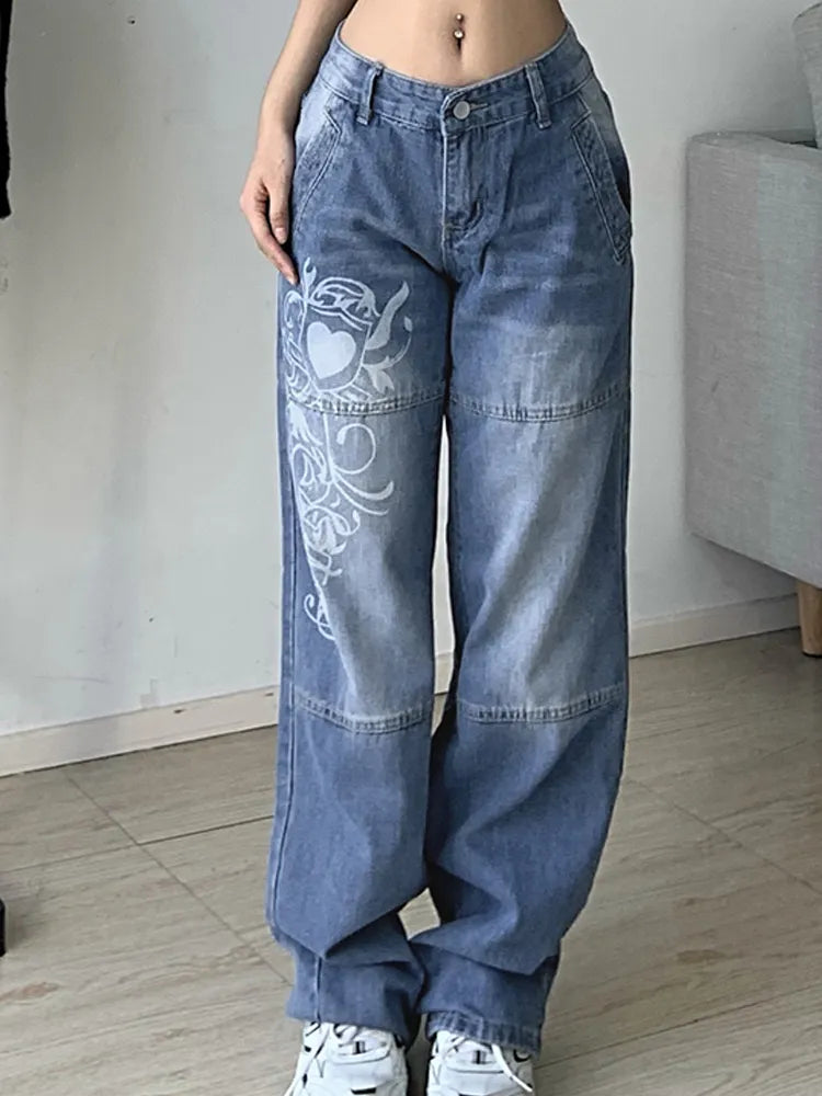 Harajuku printed Cargo Jeans Y2K Dark Blue brown High Waist Streetwear 90S Baggy Jeans Pants Straight wide leg jeans