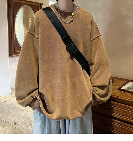 American Washed Old Pullovers Sweatshirts Loose Solid Color Large Size Warm O Neck Tops Hip Hop Y2k Sweatshirt