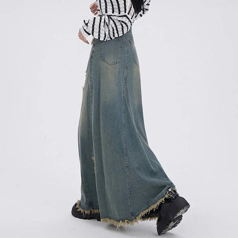 Ripped Denim Skirt for High Waisted Slit Cut Chic A-Line Long Skirt Basic Vintage Y2k Pocket Korean Skirt