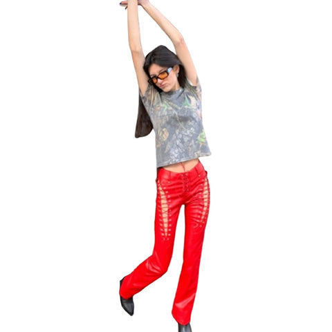 Lace Up PU Leather Pants Chic High Waist Hollow Out Y2K Drawstring Bandage Cut Out Gothic Faux Leather Trousers