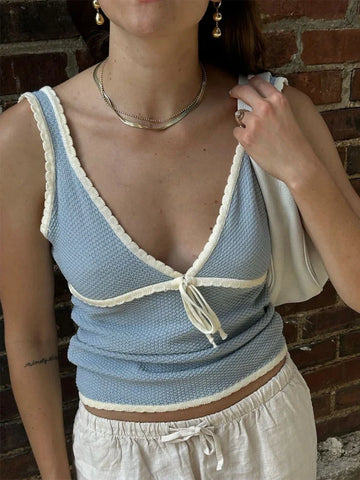 Retro Deep V Neck Crop Top Y2k Ruffle Vintage Tank Tops WoTie Up Bow Knitted Woman Backless Cute Tops New