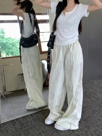 Sweet Lace Patchwork White Pants Y2K High Waist Preppy Thin Wide Leg Pants Korean Chic Loose Jogging Quick Drying Trousers New
