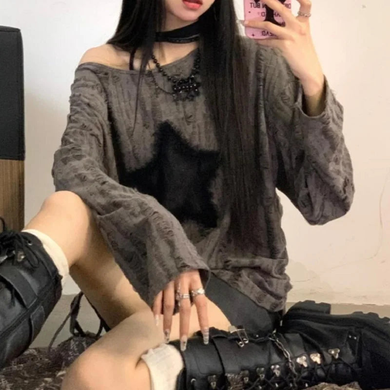 T-Shirt Star Print Y2k Aesthetic Loose Tees Kpop Fairycore Ripped Tshirt Harajuku Gothic Streetwear