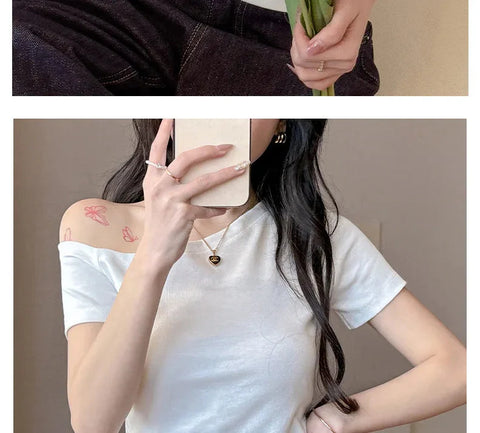 Solid Off Shoulder Short Sleeve T Shirt Simple Basic Single Sleeved Jumper Top Streetwear Slim Fit FeY2K Clothes Tees