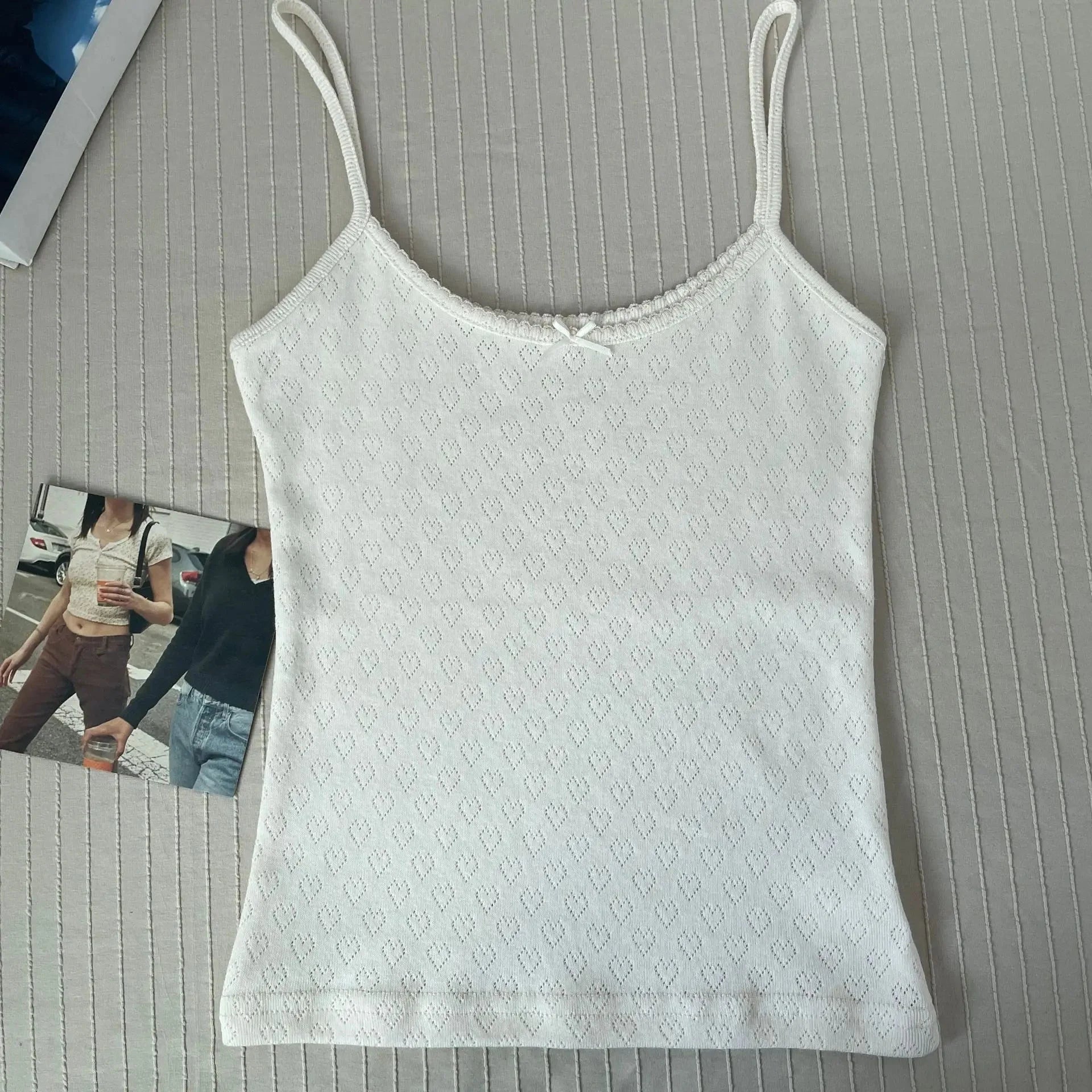 Floral Eyelet Bow Cotton Crop Tops Lace Trim Sleeveless Slim Tank Top Preppy Style Sweet Camisole Y2k Clothes