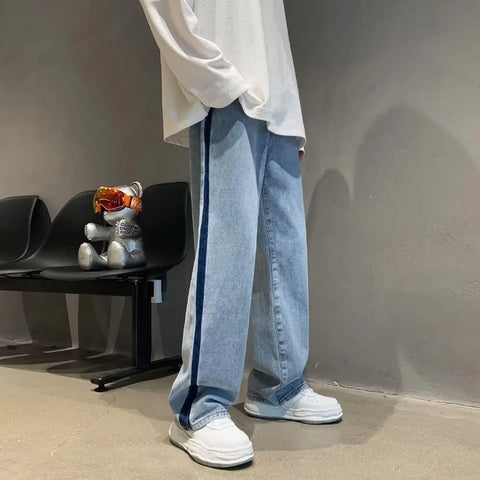Voguable  Man Cowboy Pants Straight Vintage Jeans Patchwork Trousers Wide Leg with Pockets Original Casual Japanese Street Style Y2k