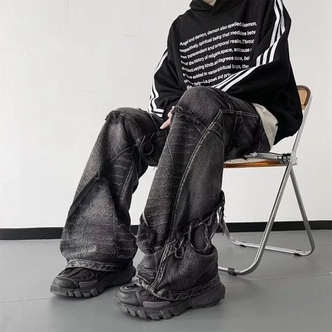 Voguable Y2K Punk Black American Street Rock Retro High Waist Oversized Jeans Raw Edge Washed Darkwear Wide Leg Trousers Men