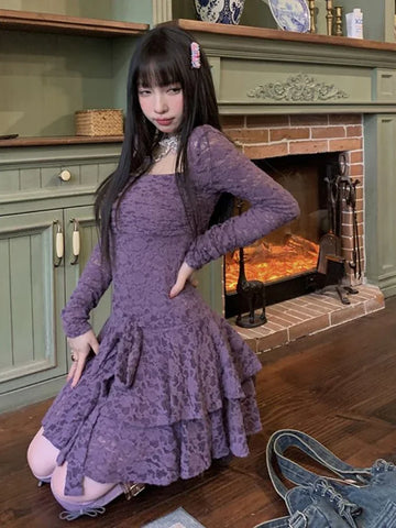 Lace Basic Causal Dress Square Collar Slim Waist Tunic  All Match Dresses Y2k Aesthetic Elegant Vestidos