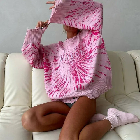 Sweater  and Winter Hollow Out Casual Loose Round Neck Printed Pullover Y2k Knit Tops for Women