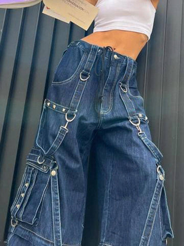 Y2k Bandage Cargo Jeans Punk Metal Blue Baggy Streetwear Pants Korean Grunge Aesthetic Jeans Stylish Vintage 90s