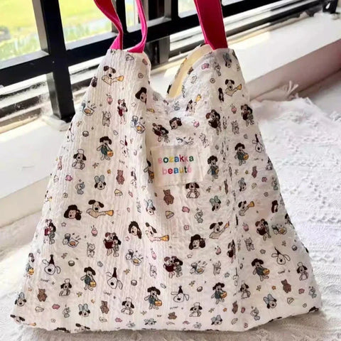 Sweet Kawaii Dog Print Canvas Underarm Bag High-capacity Cartoon Harajuku Shoulder Handbags Trendy Tote Bags Y2k Aesthetic