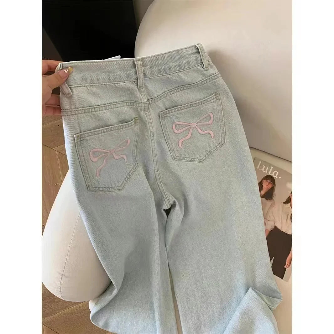 Voguable Blue Jeans for High Quality High Waist American Wide Leg Pants Bow Embroidery Y2K Vintage Straight Trousers