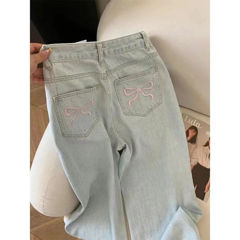 Voguable Blue Jeans for High Quality High Waist American Wide Leg Pants Bow Embroidery Y2K Vintage Straight Trousers