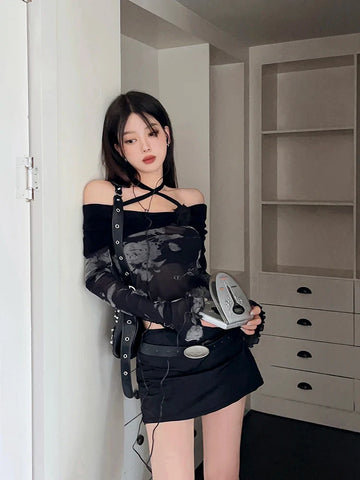 Voguable Harajuku Retro Tie Dye Mesh Tops Flare Sleeve Lace Up T Shirt Y2k Vintage Crop Tops Streetwear Japanese 2000s E Girls Top