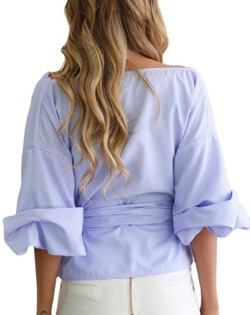 Slim Off Shoulder Shirts Long Sleeve Bow Tie White Blouse Solid V-Neck Harajuku Tops Y2K Clothes