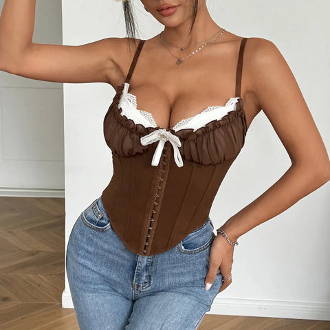 V Neck Y2K Crop Tops Lace Patchwork Pleated Bowknot Corset Top  Backless Slim Camisole Body Shape Fishbone Bustier