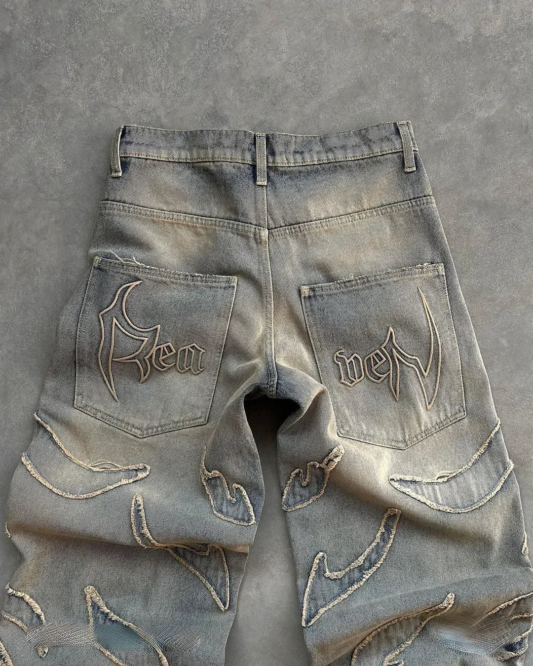 Vintage Raw Edge Embroidery Denim Pants Streetwear Distressed Patchwork Baggy Jeans for Y2k Straight Wide Leg Trousers