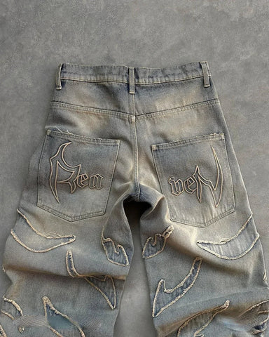 Vintage Raw Edge Embroidery Denim Pants Streetwear Distressed Patchwork Baggy Jeans for Y2k Straight Wide Leg Trousers