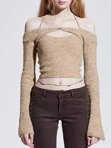 Y2K Top Long Sleeve T-Shirts 2 Piece Tops Halter Tanks Backless Crop Top Off Shoulder Tees Christmas Clothes