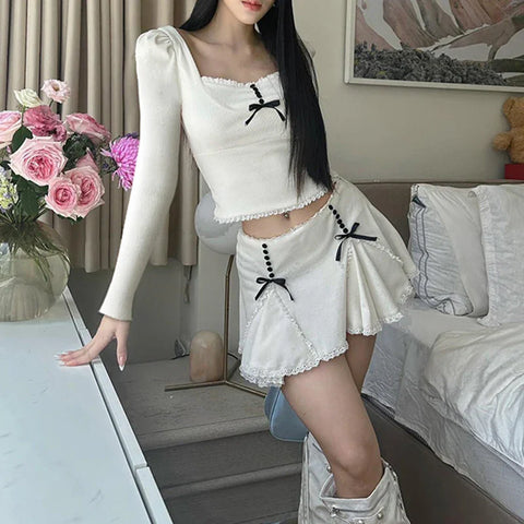 Voguable Cute Lace Bow Patchwork Mini Skirt White Japanese Style High-waisted A-line Skirts Coquette Y2K Bottoms Lolita Girls