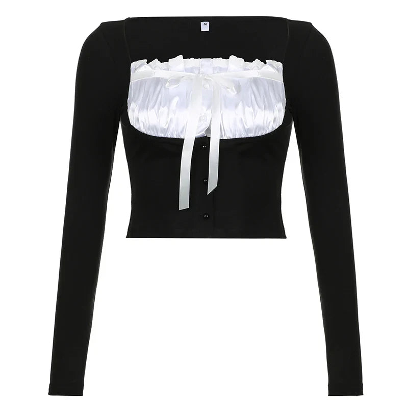 Voguable Sweet Contrast Pleated Satin Patchwork Cropped Top Coquette Slim-fit Knitted T-shirts Fall Y2K Tops Kawaii