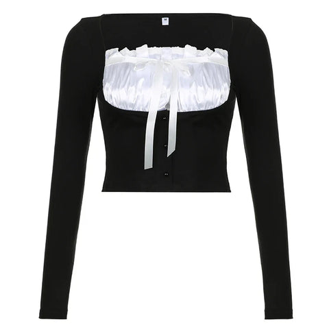 Voguable Sweet Contrast Pleated Satin Patchwork Cropped Top Coquette Slim-fit Knitted T-shirts Fall Y2K Tops Kawaii