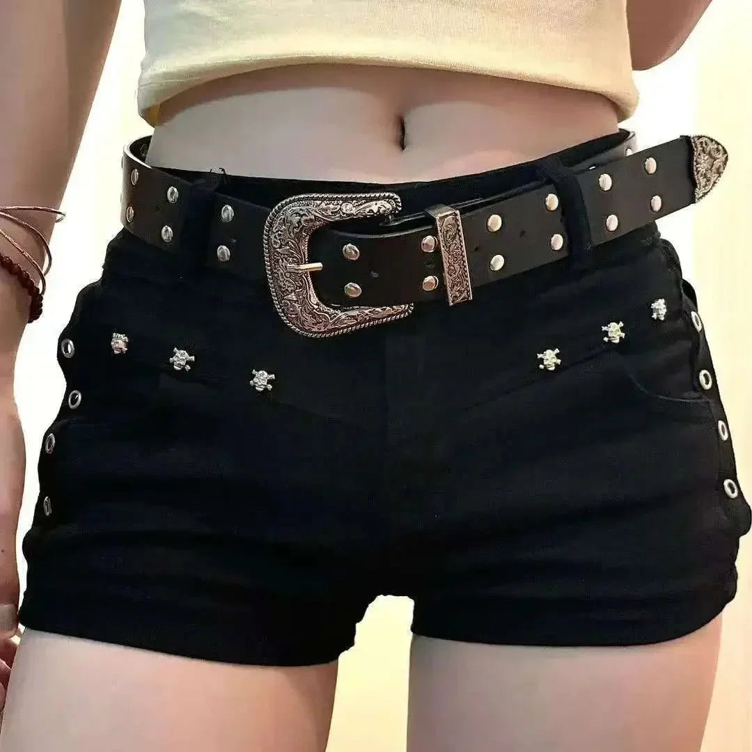 American Girl Dark Y2k Hip-packing Black Pants Rivet Design Sense Denim Shorts Low Waist Slim Pants