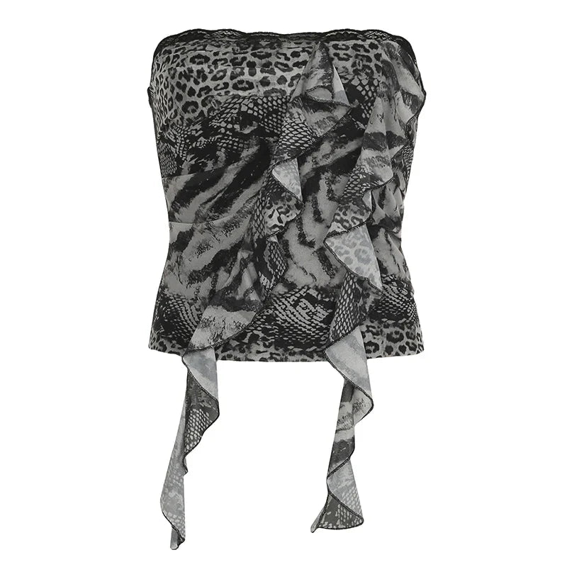 Goth Leopard Print Corset Top Ruffles Patchwork Strapless Skinny Tube Tops Harajuku y2k Cropped Top Streetwear Tees