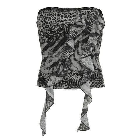 Goth Leopard Print Corset Top Ruffles Patchwork Strapless Skinny Tube Tops Harajuku y2k Cropped Top Streetwear Tees