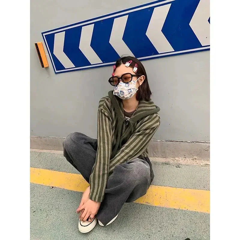 Korean Hooded Loose Harajuku Sweaters Striped Zipper Cardigan Knitted Gothic Y2k Tops Jumper