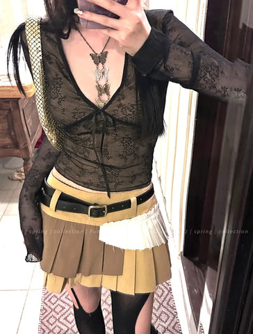 Coquette Aesthetic Mesh T Shirts Vintage V Neck Lace Bow Cropped Tops Y2k Slim Fit Long Sleeve Tee Shirts