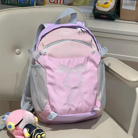 Students Travel Bags Patchwork Contrast Color Schoolbags Preppy Chic Kawaii Bow Embroidery Backpacks Y2k Aesthetic Fashion
