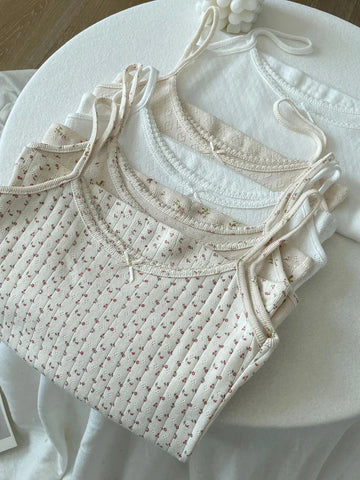 Floral Eyelet Bow Cotton Crop Tops Lace Trim Sleeveless Slim Tank Top Preppy Style Sweet Camisole Y2k Clothes