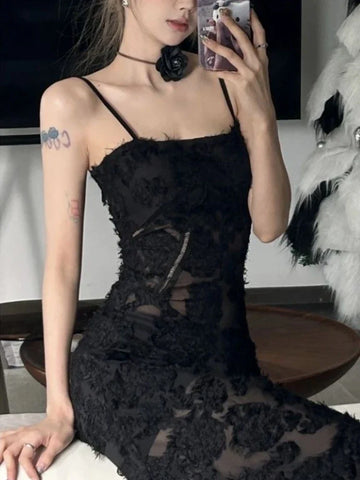 Voguable Black Party Midi Dress See-through Strap Y2k Dress FeLace Chic Korean Slim Vintage Dress New