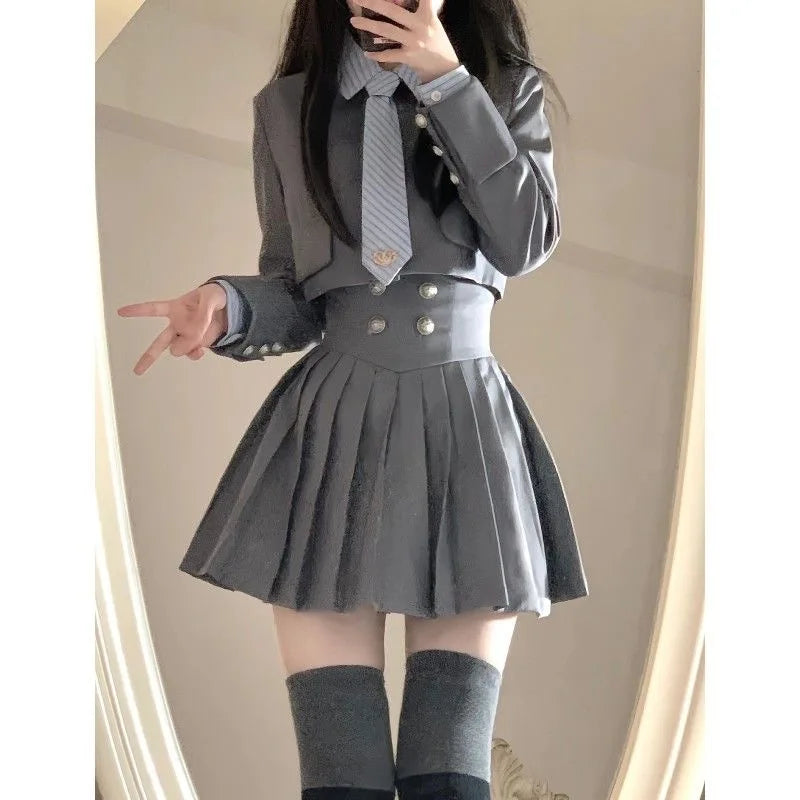 Voguable  Elegant 3 Piece Set Skirt Woman Stripe Shirt + High Waist Y2k Mini Skirt + Short Coat Suit Preppy Style Summer