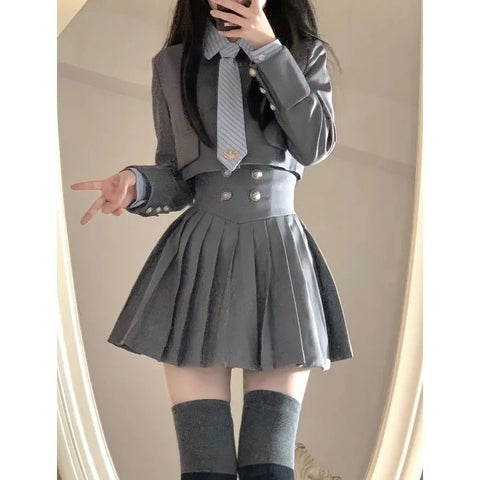 Voguable  Elegant 3 Piece Set Skirt Woman Stripe Shirt + High Waist Y2k Mini Skirt + Short Coat Suit Preppy Style Summer