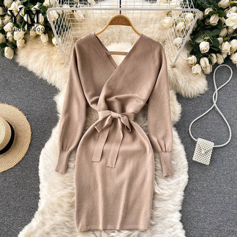 Y2K Casual Vestidos Dress  Winter Bodycon Knitted Sweater Dress Elegant  Office Ladies Dress