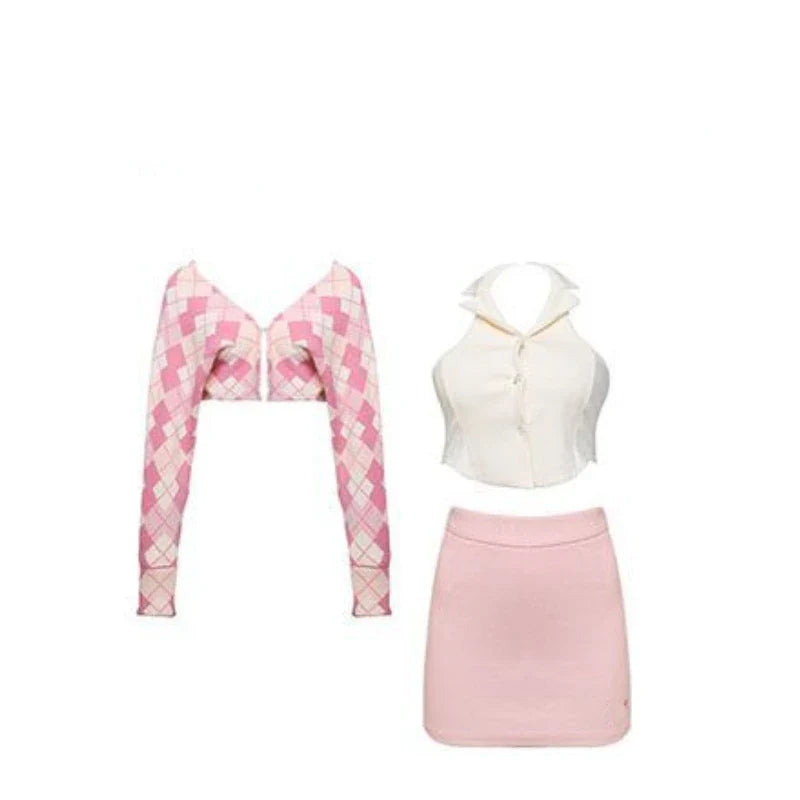 Korean Outfits Pink Plaid Cardigan + White Vest + Mini Skirts Japanese Sweet Y2k Short Party Suits