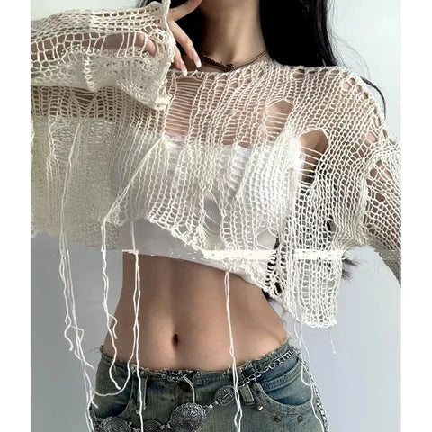 Boho Knitted T Shirt Y2k Hollow Out Loose FeCrop Tees Vintage Korean Ripped Long Sleeve Match Ladies Jumpers
