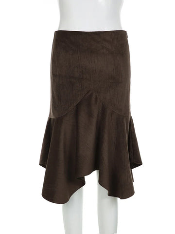 Voguable Vintage Straight Skirt Irregular High Waist Y2K Retro Casual Streetwear Knee-Length Midi Skirts Harajuku Korean