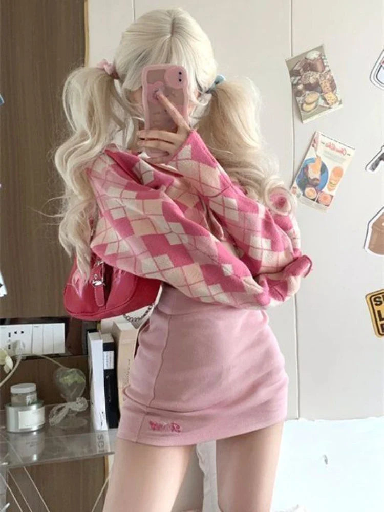 Korean Outfits Pink Plaid Cardigan + White Vest + Mini Skirts Japanese Sweet Y2k Short Party Suits