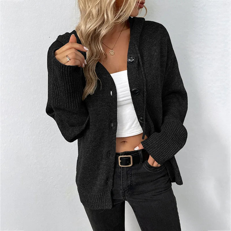 Winter Knitwear Y2k Harajuku Casual Single Breasted Solid Color Hooded Drawstring Knit Cardigan Sweater Women