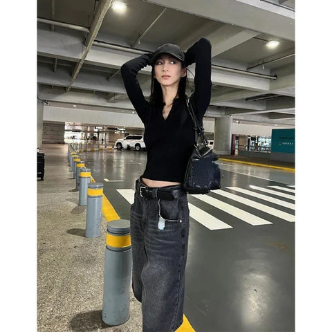 Voguable  Vintage Washed Black Denim Pants High Waist Loose Wide Leg Y2k E-Girl Unisex A-line Calf- Length Chic