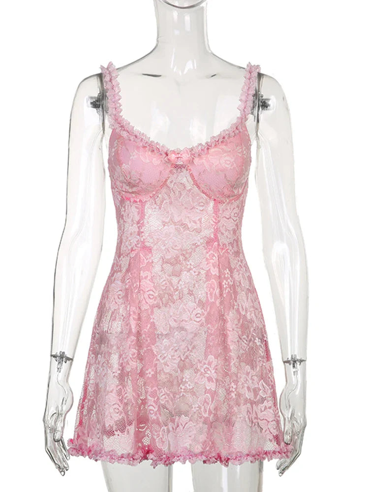 Voguable  See Through Lace Kawaii Dress Pink Transparent  Sleeveless Lolita Mini Dresses Fairycore  Aesthetic Sundress Y2K Outfit