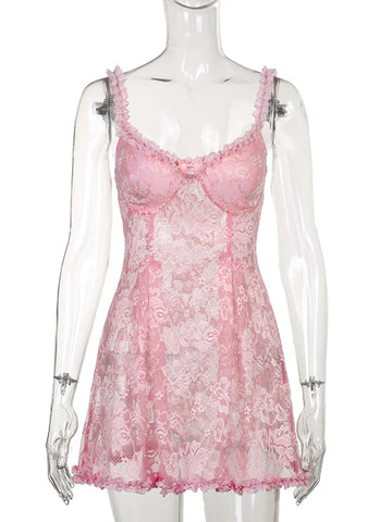 Voguable  See Through Lace Kawaii Dress Pink Transparent  Sleeveless Lolita Mini Dresses Fairycore  Aesthetic Sundress Y2K Outfit