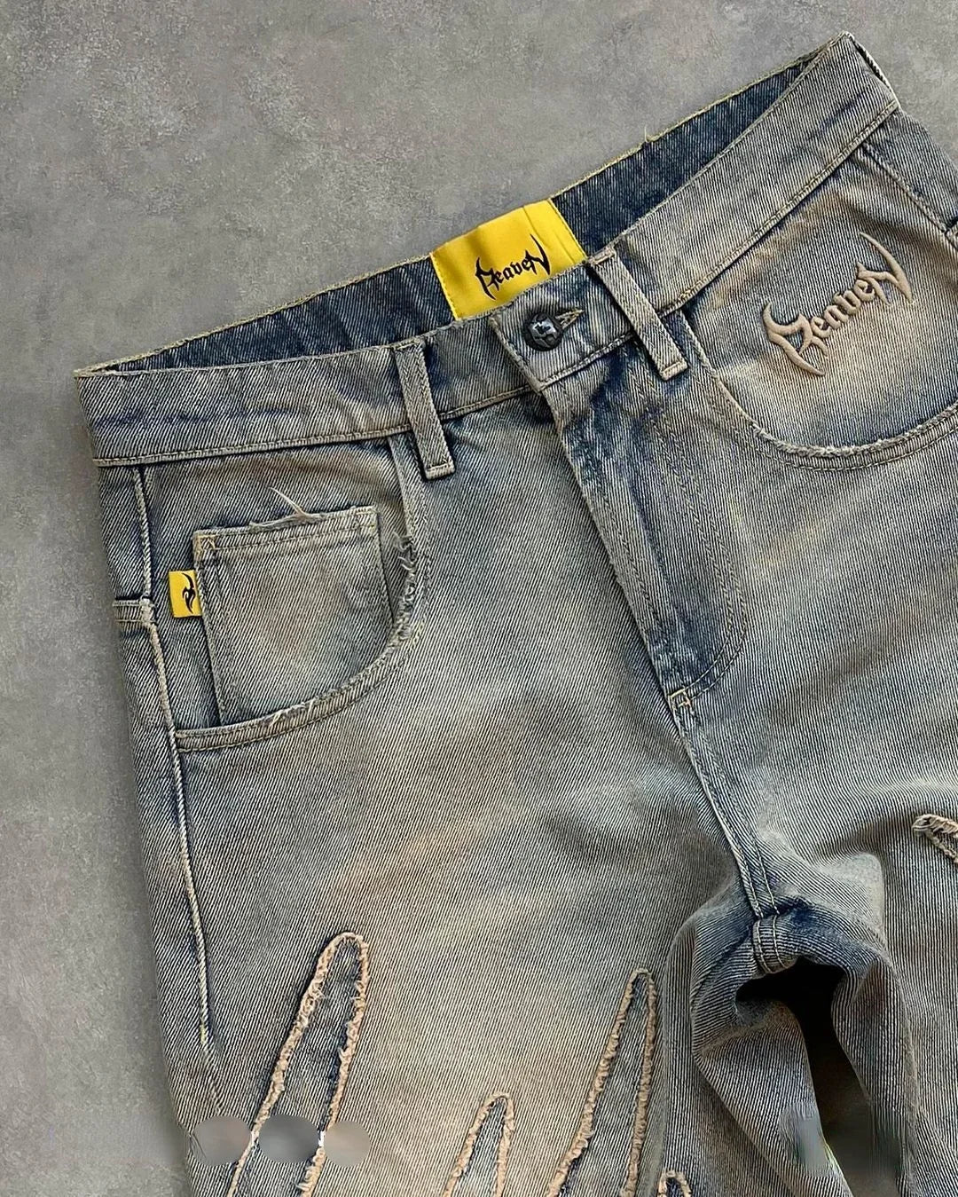 Vintage Raw Edge Embroidery Denim Pants Streetwear Distressed Patchwork Baggy Jeans for Y2k Straight Wide Leg Trousers