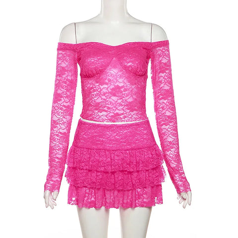 Sheer Lace Pink Two Piece Set Tiered Mini Skirt And Top Y2k Chic Outfits for Long Sleeve Dresses