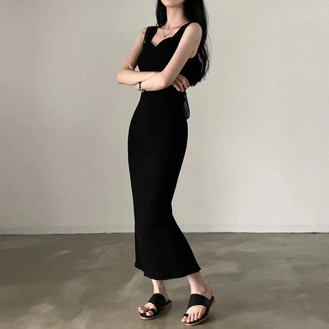 Basic Knit Long Dress Korean Square Collar Sleeveless Dresses Casual Y2k Vintage All-match Outftis